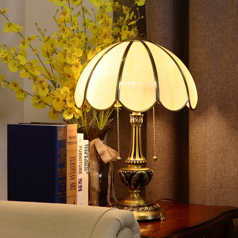 Gold 1-Bulb Nightstand Light Colonialist Beige Glass Scalloped Metal Table Lamp with Pull Chain Gold A Clearhalo 'Lamps' 'Table Lamps' Lighting' 1476263