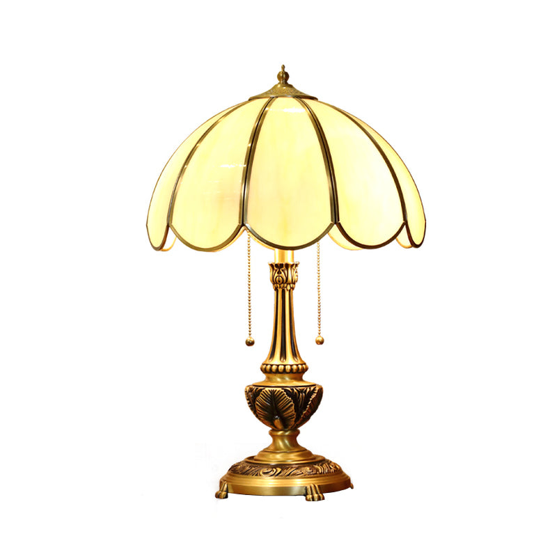 Gold 1-Bulb Nightstand Light Colonialist Beige Glass Scalloped Metal Table Lamp with Pull Chain Clearhalo 'Lamps' 'Table Lamps' Lighting' 1476264