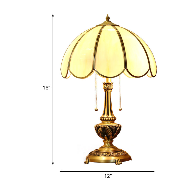 Gold 1-Bulb Nightstand Light Colonialist Beige Glass Scalloped Metal Table Lamp with Pull Chain Clearhalo 'Lamps' 'Table Lamps' Lighting' 1476265