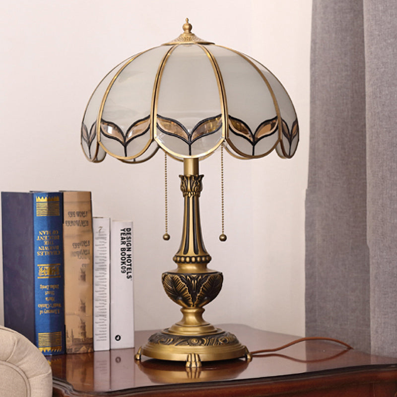 Gold 1-Bulb Nightstand Light Colonialist Beige Glass Scalloped Metal Table Lamp with Pull Chain Gold B Clearhalo 'Lamps' 'Table Lamps' Lighting' 1476268