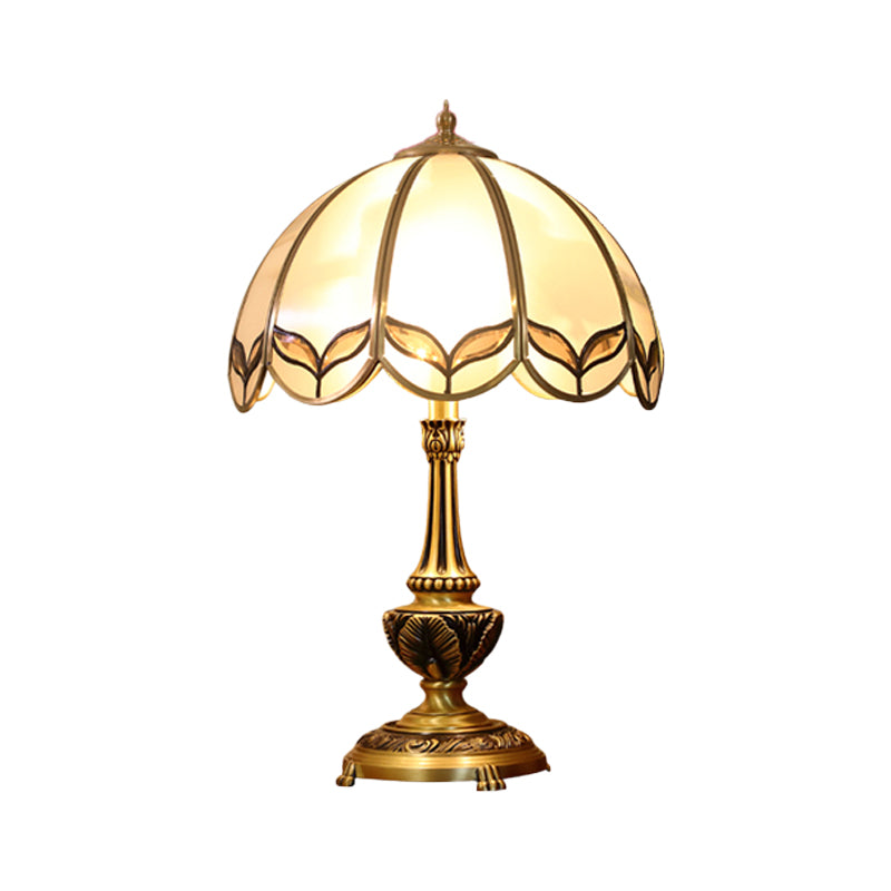 Gold 1-Bulb Nightstand Light Colonialist Beige Glass Scalloped Metal Table Lamp with Pull Chain Clearhalo 'Lamps' 'Table Lamps' Lighting' 1476269