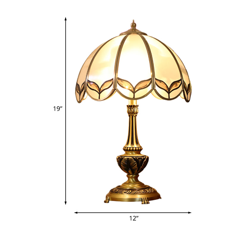 Gold 1-Bulb Nightstand Light Colonialist Beige Glass Scalloped Metal Table Lamp with Pull Chain Clearhalo 'Lamps' 'Table Lamps' Lighting' 1476270