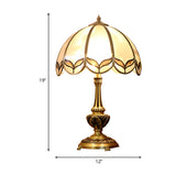 Gold 1-Bulb Nightstand Light Colonialist Beige Glass Scalloped Metal Table Lamp with Pull Chain Clearhalo 'Lamps' 'Table Lamps' Lighting' 1476270