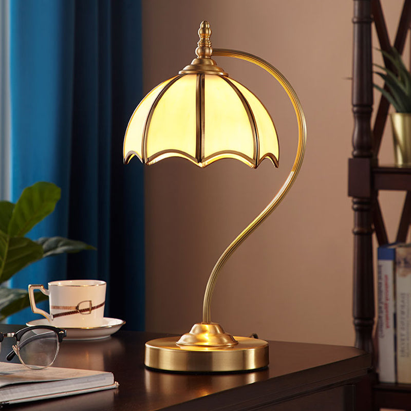 Opal Glass Gold Table Lamp Scalloped 1 Light Colonial Style Night Lighting with Curved Arm Clearhalo 'Lamps' 'Table Lamps' Lighting' 1476277