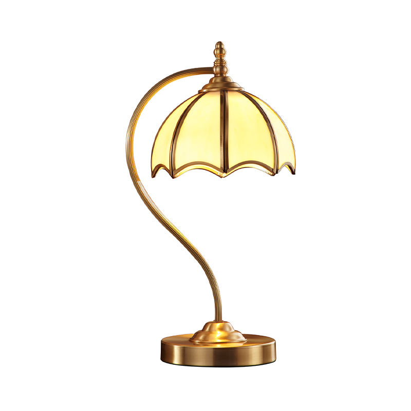 Opal Glass Gold Table Lamp Scalloped 1 Light Colonial Style Night Lighting with Curved Arm Clearhalo 'Lamps' 'Table Lamps' Lighting' 1476279