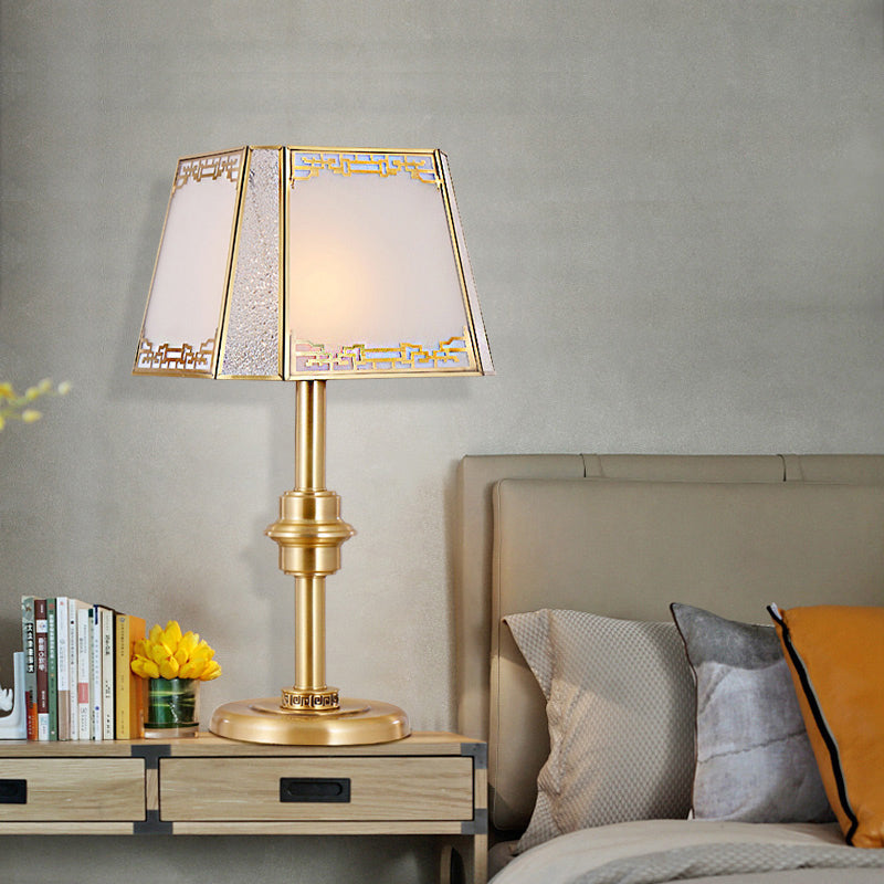 Frosted Glass Trapezoid Table Lighting Colonialism 1-Head Bedside Night Light in Gold Clearhalo 'Lamps' 'Table Lamps' Lighting' 1476283