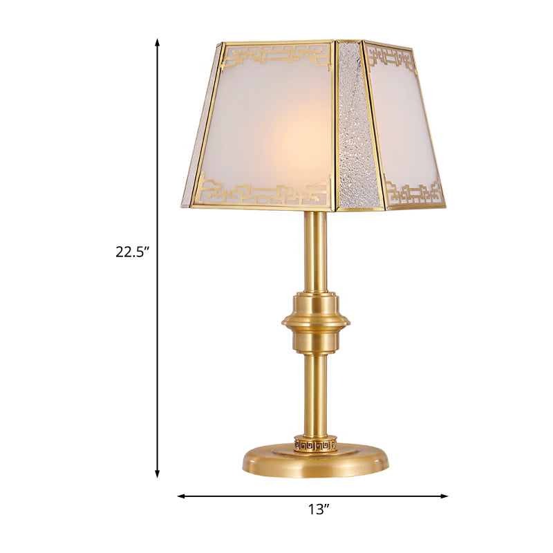 Frosted Glass Trapezoid Table Lighting Colonialism 1-Head Bedside Night Light in Gold Clearhalo 'Lamps' 'Table Lamps' Lighting' 1476285