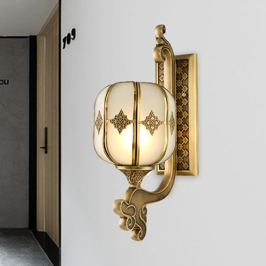 Lantern Bedroom Wall Sconce Light Colonial Frosted Glass 1-Bulb Gold Wall Lamp with Curved/Straight Arm Clearhalo 'Wall Lamps & Sconces' 'Wall Lights' Lighting' 1476311