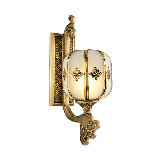 Lantern Bedroom Wall Sconce Light Colonial Frosted Glass 1-Bulb Gold Wall Lamp with Curved/Straight Arm Clearhalo 'Wall Lamps & Sconces' 'Wall Lights' Lighting' 1476314