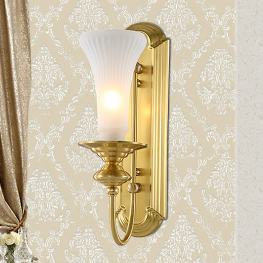1/2-Bulb Bell Wall Sconce Lamp Colonial Gold Frosted White Glass Wall Light with Metal Gooseneck Arm Clearhalo 'Wall Lamps & Sconces' 'Wall Lights' Lighting' 1476326