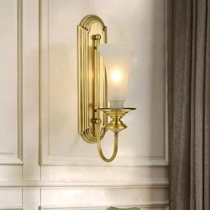 1/2-Bulb Bell Wall Sconce Lamp Colonial Gold Frosted White Glass Wall Light with Metal Gooseneck Arm 1.0 Gold Clearhalo 'Wall Lamps & Sconces' 'Wall Lights' Lighting' 1476327
