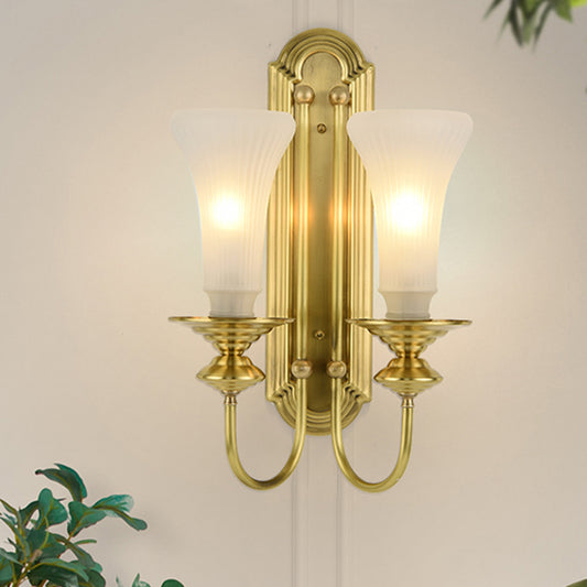 1/2-Bulb Bell Wall Sconce Lamp Colonial Gold Frosted White Glass Wall Light with Metal Gooseneck Arm Clearhalo 'Wall Lamps & Sconces' 'Wall Lights' Lighting' 1476333