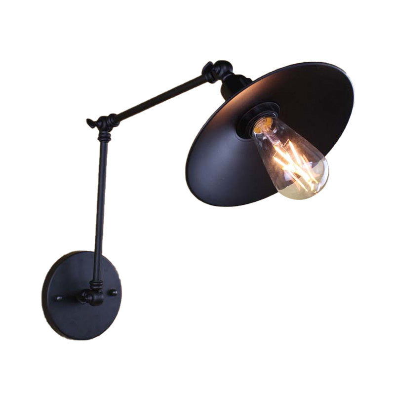 Metal Black/White Wall Sconce Swing Arm 1 Light Living Room Sconce Light Fixture with Saucer Shade Clearhalo 'Art deco wall lights' 'Cast Iron' 'Glass' 'Industrial wall lights' 'Industrial' 'Middle century wall lights' 'Modern' 'Rustic wall lights' 'Tiffany' 'Traditional wall lights' 'Wall Lamps & Sconces' 'Wall Lights' Lighting' 147685