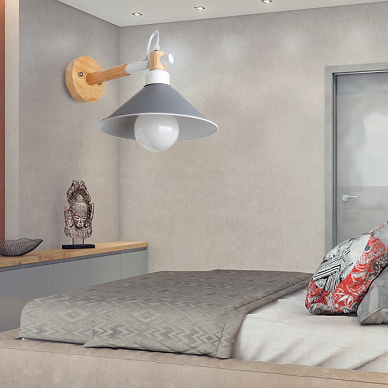 Nordic Stylish Cone Wall Lighting Fixture 1 Head Metallic Sconce Lamp with Wooden Joint in Black/Grey for Hallway Clearhalo 'Cast Iron' 'Glass' 'Industrial' 'Modern wall lights' 'Modern' 'Tiffany' 'Traditional wall lights' 'Wall Lamps & Sconces' 'Wall Lights' Lighting' 147696