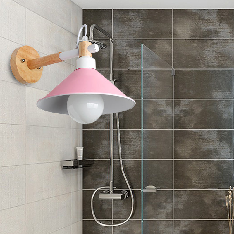 Nordic Stylish Cone Wall Lighting Fixture 1 Head Metallic Sconce Lamp with Wooden Joint in Black/Grey for Hallway Pink Clearhalo 'Cast Iron' 'Glass' 'Industrial' 'Modern wall lights' 'Modern' 'Tiffany' 'Traditional wall lights' 'Wall Lamps & Sconces' 'Wall Lights' Lighting' 147698