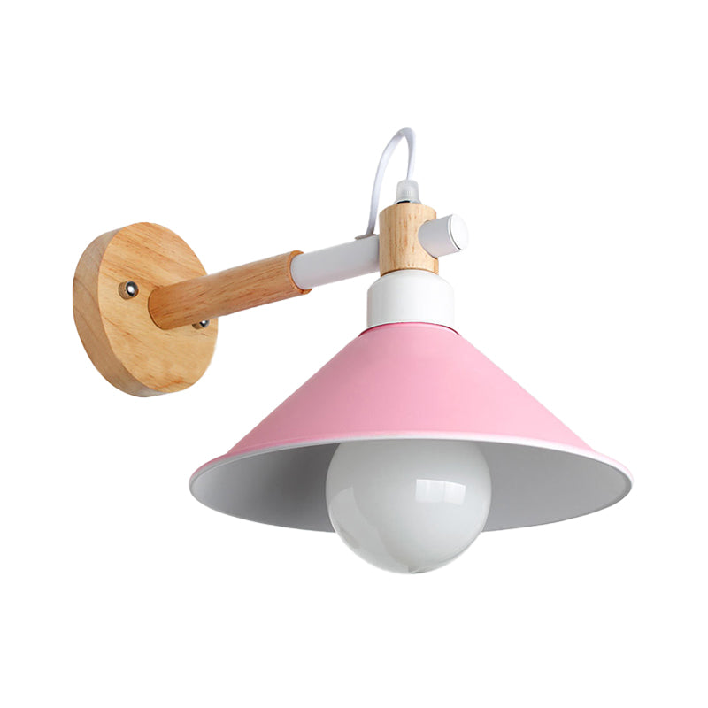 Nordic Stylish Cone Wall Lighting Fixture 1 Head Metallic Sconce Lamp with Wooden Joint in Black/Grey for Hallway Clearhalo 'Cast Iron' 'Glass' 'Industrial' 'Modern wall lights' 'Modern' 'Tiffany' 'Traditional wall lights' 'Wall Lamps & Sconces' 'Wall Lights' Lighting' 147700