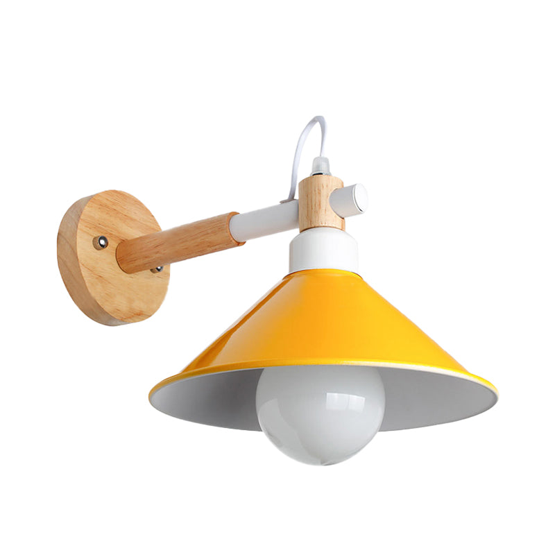 Nordic Stylish Cone Wall Lighting Fixture 1 Head Metallic Sconce Lamp with Wooden Joint in Black/Grey for Hallway Clearhalo 'Cast Iron' 'Glass' 'Industrial' 'Modern wall lights' 'Modern' 'Tiffany' 'Traditional wall lights' 'Wall Lamps & Sconces' 'Wall Lights' Lighting' 147703