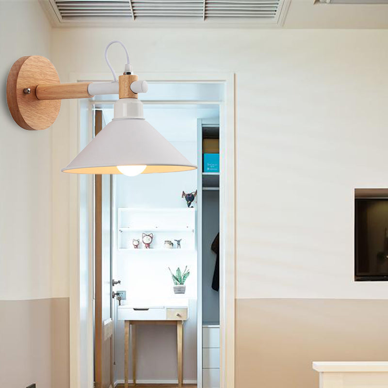 Nordic Stylish Cone Wall Lighting Fixture 1 Head Metallic Sconce Lamp with Wooden Joint in Black/Grey for Hallway Clearhalo 'Cast Iron' 'Glass' 'Industrial' 'Modern wall lights' 'Modern' 'Tiffany' 'Traditional wall lights' 'Wall Lamps & Sconces' 'Wall Lights' Lighting' 147705