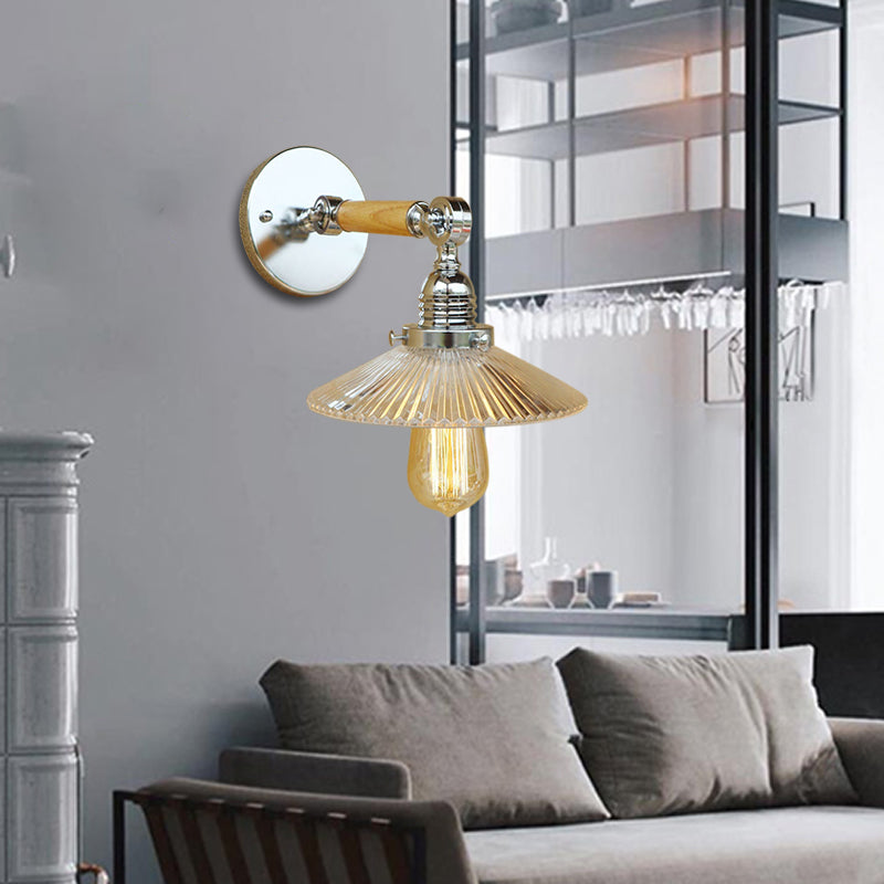 1 Light Clear Ribbed Glass Wall Sconce Light Industrial Chrome Cone Living Room Lighting Fixture, 8"/4"/6" Wide Wooden Arm Clearhalo 'Cast Iron' 'Glass' 'Industrial wall lights' 'Industrial' 'Middle century wall lights' 'Modern' 'Tiffany' 'Traditional wall lights' 'Wall Lamps & Sconces' 'Wall Lights' Lighting' 147799