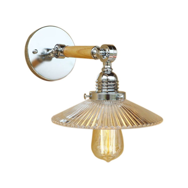 1 Light Clear Ribbed Glass Wall Sconce Light Industrial Chrome Cone Living Room Lighting Fixture, 8"/4"/6" Wide Wooden Arm Clearhalo 'Cast Iron' 'Glass' 'Industrial wall lights' 'Industrial' 'Middle century wall lights' 'Modern' 'Tiffany' 'Traditional wall lights' 'Wall Lamps & Sconces' 'Wall Lights' Lighting' 147803