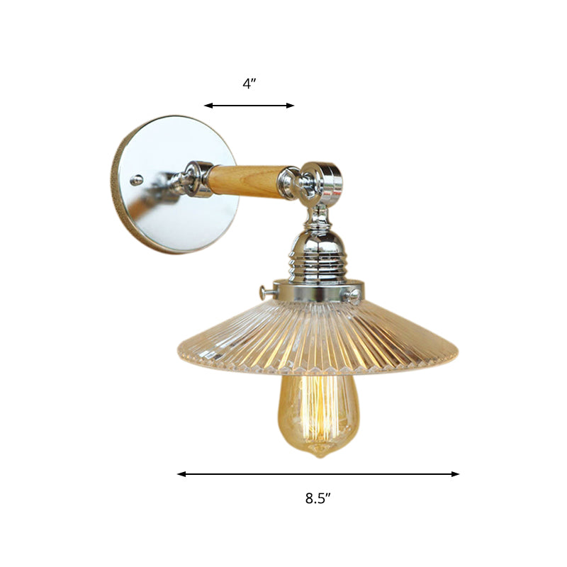 1 Light Clear Ribbed Glass Wall Sconce Light Industrial Chrome Cone Living Room Lighting Fixture, 8"/4"/6" Wide Wooden Arm Clearhalo 'Cast Iron' 'Glass' 'Industrial wall lights' 'Industrial' 'Middle century wall lights' 'Modern' 'Tiffany' 'Traditional wall lights' 'Wall Lamps & Sconces' 'Wall Lights' Lighting' 147804