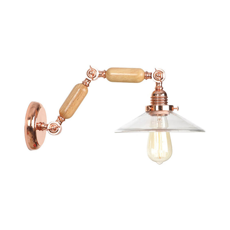 Clear Glass Wood Sconce Light Cone 1-Light Industrial Wall Lamp Fixture with Extendable Arm Clearhalo 'Cast Iron' 'Glass' 'Industrial wall lights' 'Industrial' 'Middle century wall lights' 'Modern' 'Tiffany' 'Traditional wall lights' 'Wall Lamps & Sconces' 'Wall Lights' Lighting' 147809