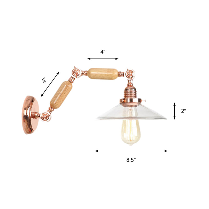 Clear Glass Wood Sconce Light Cone 1-Light Industrial Wall Lamp Fixture with Extendable Arm Clearhalo 'Cast Iron' 'Glass' 'Industrial wall lights' 'Industrial' 'Middle century wall lights' 'Modern' 'Tiffany' 'Traditional wall lights' 'Wall Lamps & Sconces' 'Wall Lights' Lighting' 147810