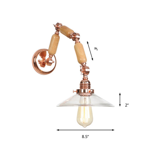 Conical Clear Glass Wall Mounted Lamp Vintage Single Bulb Living Room Sconce Light in Rose Gold with Arm Clearhalo 'Cast Iron' 'Glass' 'Industrial wall lights' 'Industrial' 'Middle century wall lights' 'Modern' 'Tiffany' 'Traditional wall lights' 'Wall Lamps & Sconces' 'Wall Lights' Lighting' 147818