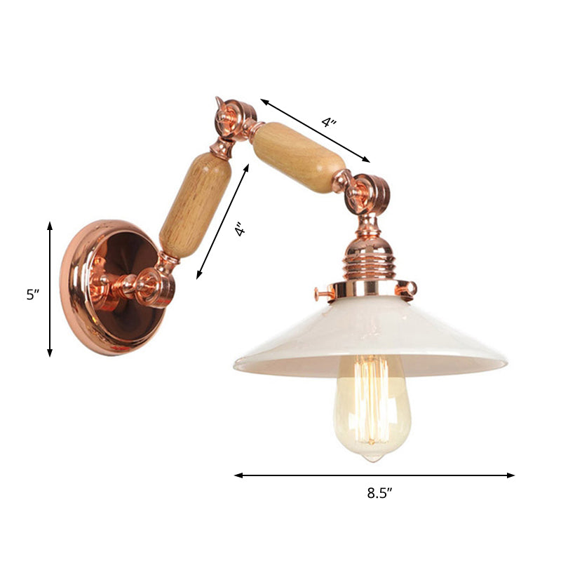 White Glass Conical Wall Sconce Industrial 1 Light Living Room Lighting Fixture with Extendable Arm Clearhalo 'Cast Iron' 'Glass' 'Industrial wall lights' 'Industrial' 'Middle century wall lights' 'Modern' 'Tiffany' 'Traditional wall lights' 'Wall Lamps & Sconces' 'Wall Lights' Lighting' 147826