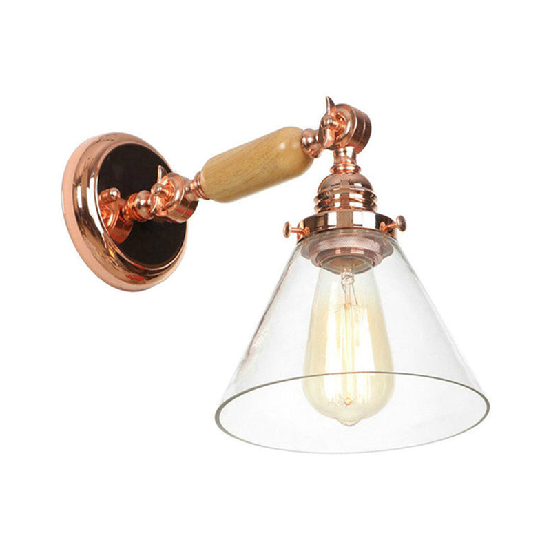 Industrial Cone Wall Lighting Fixture 1 Bulb Clear Glass Sconce Light in Rose Gold Clearhalo 'Cast Iron' 'Glass' 'Industrial wall lights' 'Industrial' 'Middle century wall lights' 'Modern' 'Tiffany' 'Traditional wall lights' 'Wall Lamps & Sconces' 'Wall Lights' Lighting' 147833