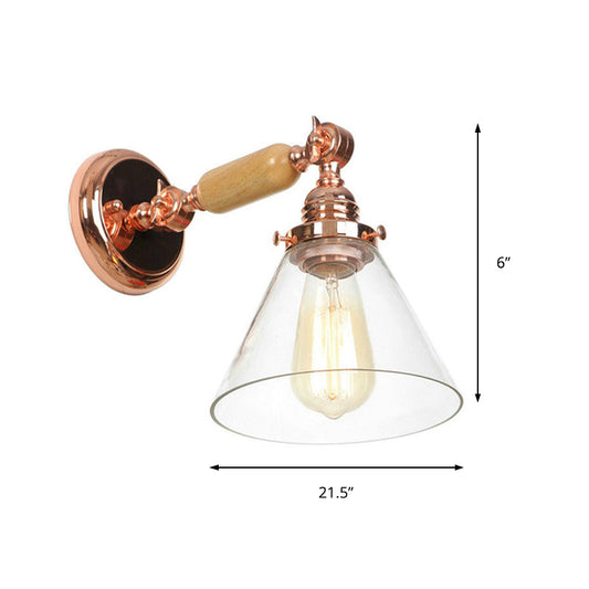 Industrial Cone Wall Lighting Fixture 1 Bulb Clear Glass Sconce Light in Rose Gold Clearhalo 'Cast Iron' 'Glass' 'Industrial wall lights' 'Industrial' 'Middle century wall lights' 'Modern' 'Tiffany' 'Traditional wall lights' 'Wall Lamps & Sconces' 'Wall Lights' Lighting' 147834