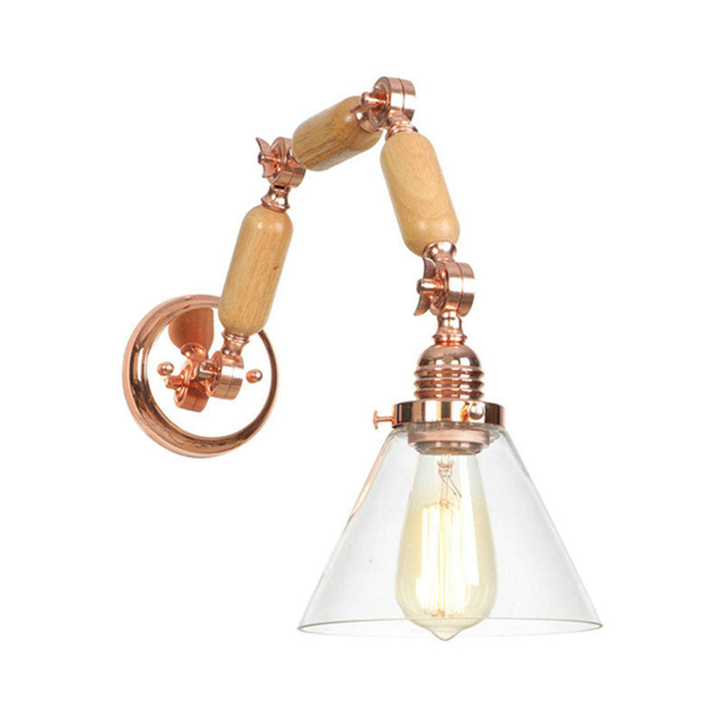 One Bulb Clear Glass Sconce Light Fixture Industrial Gold Cone Living Room Wall Lamp with Curved Arm Clearhalo 'Cast Iron' 'Glass' 'Industrial wall lights' 'Industrial' 'Middle century wall lights' 'Modern' 'Tiffany' 'Traditional wall lights' 'Wall Lamps & Sconces' 'Wall Lights' Lighting' 147859