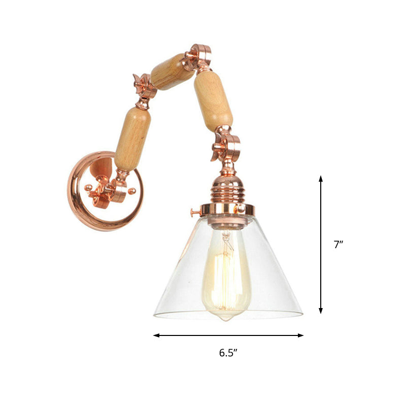 One Bulb Clear Glass Sconce Light Fixture Industrial Gold Cone Living Room Wall Lamp with Curved Arm Clearhalo 'Cast Iron' 'Glass' 'Industrial wall lights' 'Industrial' 'Middle century wall lights' 'Modern' 'Tiffany' 'Traditional wall lights' 'Wall Lamps & Sconces' 'Wall Lights' Lighting' 147860