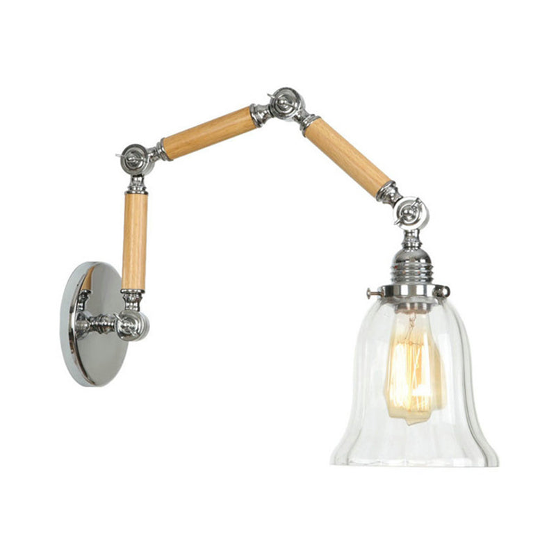 Flared Clear Glass Wall Mounted Lamp Vintage Single Bulb Bedroom Sconce Light with Wooden Extendable Arm Clearhalo 'Cast Iron' 'Glass' 'Industrial wall lights' 'Industrial' 'Middle century wall lights' 'Modern' 'Tiffany' 'Traditional wall lights' 'Wall Lamps & Sconces' 'Wall Lights' Lighting' 147925