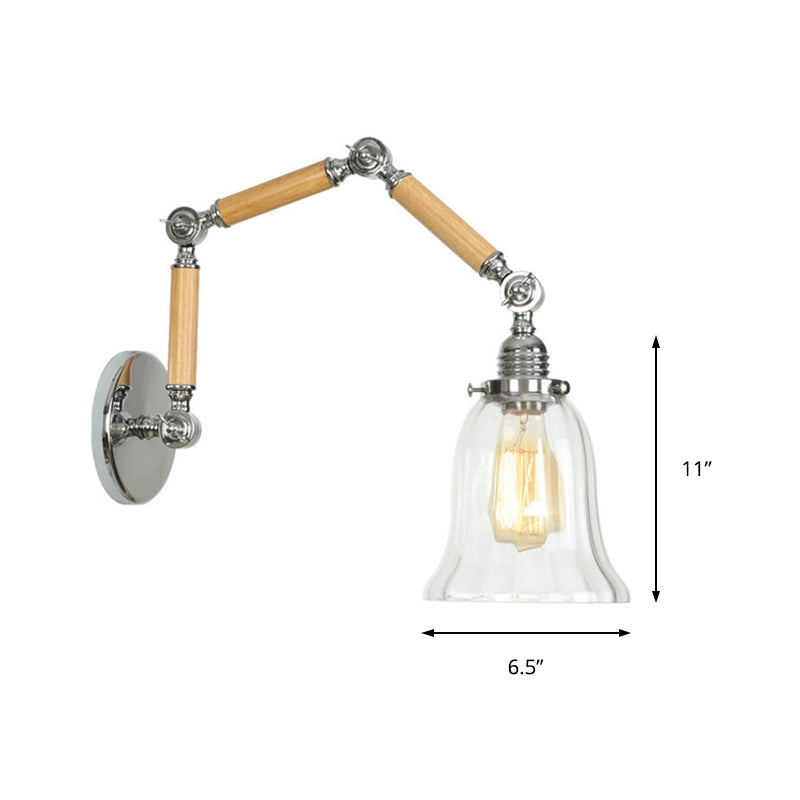 Flared Clear Glass Wall Mounted Lamp Vintage Single Bulb Bedroom Sconce Light with Wooden Extendable Arm Clearhalo 'Cast Iron' 'Glass' 'Industrial wall lights' 'Industrial' 'Middle century wall lights' 'Modern' 'Tiffany' 'Traditional wall lights' 'Wall Lamps & Sconces' 'Wall Lights' Lighting' 147926
