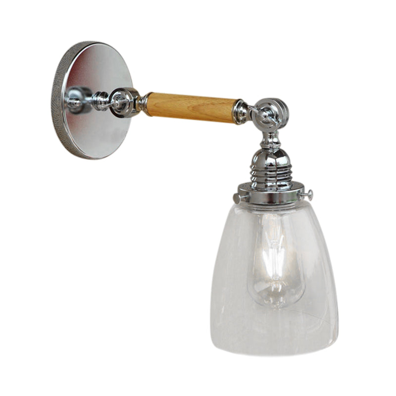 Single Bulb Wall Sconce Lighting with Dome Shade Clear Glass Industrial Living Room Light Fixture, 8"/4"/6" L Wooden Arm Clearhalo 'Cast Iron' 'Glass' 'Industrial wall lights' 'Industrial' 'Middle century wall lights' 'Modern' 'Tiffany' 'Traditional wall lights' 'Wall Lamps & Sconces' 'Wall Lights' Lighting' 147992
