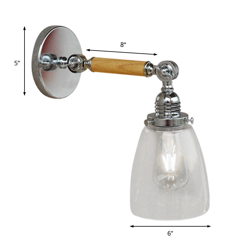 Single Bulb Wall Sconce Lighting with Dome Shade Clear Glass Industrial Living Room Light Fixture, 8"/4"/6" L Wooden Arm Clearhalo 'Cast Iron' 'Glass' 'Industrial wall lights' 'Industrial' 'Middle century wall lights' 'Modern' 'Tiffany' 'Traditional wall lights' 'Wall Lamps & Sconces' 'Wall Lights' Lighting' 147993