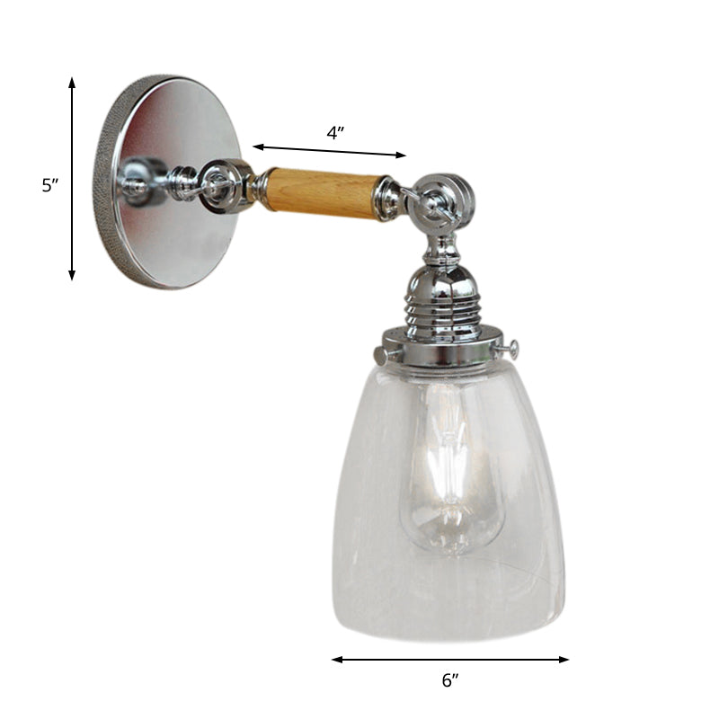Single Bulb Wall Sconce Lighting with Dome Shade Clear Glass Industrial Living Room Light Fixture, 8"/4"/6" L Wooden Arm Clearhalo 'Cast Iron' 'Glass' 'Industrial wall lights' 'Industrial' 'Middle century wall lights' 'Modern' 'Tiffany' 'Traditional wall lights' 'Wall Lamps & Sconces' 'Wall Lights' Lighting' 147995