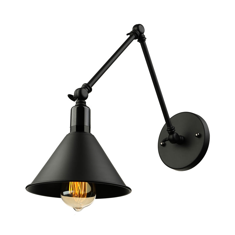 1 Head Wall Lamp with Conic Shade and Swing Arm Metallic Loft Style Indoor Sconce Lighting in Black/White Clearhalo 'Art deco wall lights' 'Cast Iron' 'Glass' 'Industrial wall lights' 'Industrial' 'Middle century wall lights' 'Modern' 'Rustic wall lights' 'Tiffany' 'Traditional wall lights' 'Wall Lamps & Sconces' 'Wall Lights' Lighting' 148004