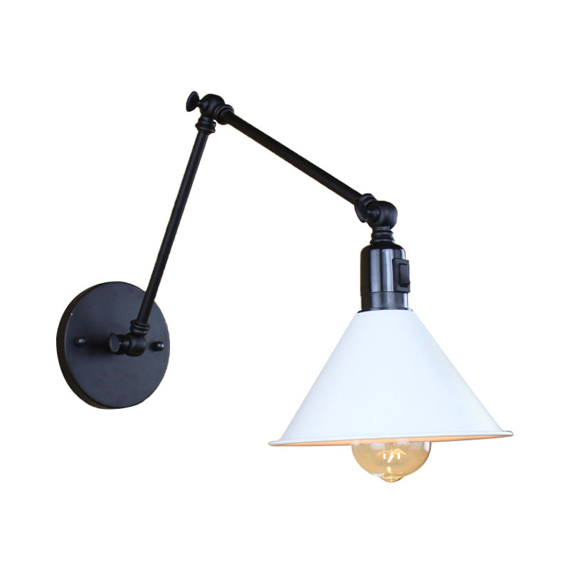 1 Head Wall Lamp with Conic Shade and Swing Arm Metallic Loft Style Indoor Sconce Lighting in Black/White Clearhalo 'Art deco wall lights' 'Cast Iron' 'Glass' 'Industrial wall lights' 'Industrial' 'Middle century wall lights' 'Modern' 'Rustic wall lights' 'Tiffany' 'Traditional wall lights' 'Wall Lamps & Sconces' 'Wall Lights' Lighting' 148010