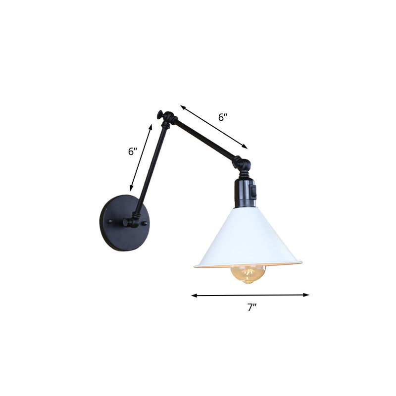 1 Head Wall Lamp with Conic Shade and Swing Arm Metallic Loft Style Indoor Sconce Lighting in Black/White Clearhalo 'Art deco wall lights' 'Cast Iron' 'Glass' 'Industrial wall lights' 'Industrial' 'Middle century wall lights' 'Modern' 'Rustic wall lights' 'Tiffany' 'Traditional wall lights' 'Wall Lamps & Sconces' 'Wall Lights' Lighting' 148011