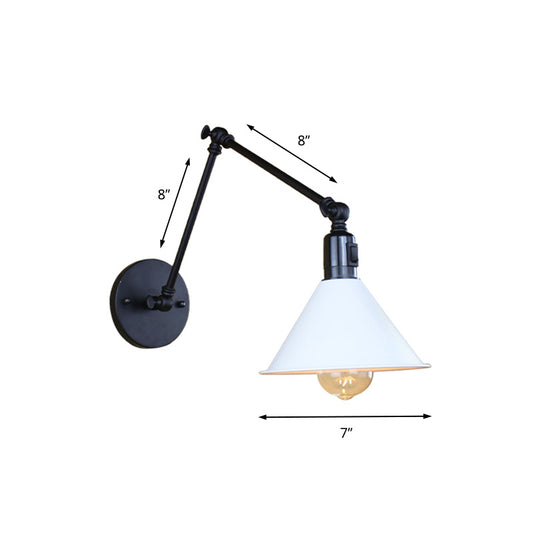 1 Head Wall Lamp with Conic Shade and Swing Arm Metallic Loft Style Indoor Sconce Lighting in Black/White Clearhalo 'Art deco wall lights' 'Cast Iron' 'Glass' 'Industrial wall lights' 'Industrial' 'Middle century wall lights' 'Modern' 'Rustic wall lights' 'Tiffany' 'Traditional wall lights' 'Wall Lamps & Sconces' 'Wall Lights' Lighting' 148012
