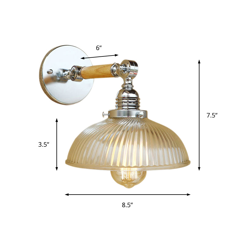 Domed Living Room Wall Light Fixture Antique Stylish Ribbed Glass 1 Light Clear Sconce Lamp for Corridor, 8"/4"/6" L Wooden Arm Clearhalo 'Cast Iron' 'Glass' 'Industrial wall lights' 'Industrial' 'Middle century wall lights' 'Modern' 'Tiffany' 'Traditional wall lights' 'Wall Lamps & Sconces' 'Wall Lights' Lighting' 148073
