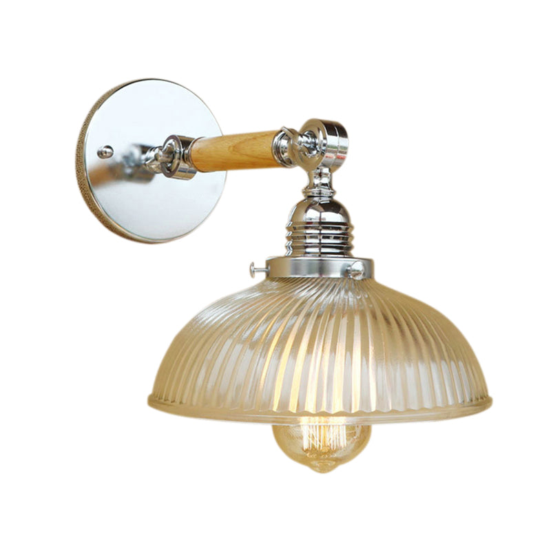 Domed Living Room Wall Light Fixture Antique Stylish Ribbed Glass 1 Light Clear Sconce Lamp for Corridor, 8"/4"/6" L Wooden Arm Clearhalo 'Cast Iron' 'Glass' 'Industrial wall lights' 'Industrial' 'Middle century wall lights' 'Modern' 'Tiffany' 'Traditional wall lights' 'Wall Lamps & Sconces' 'Wall Lights' Lighting' 148076
