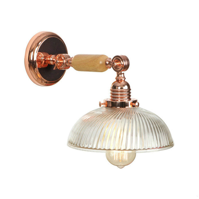 One Bulb Ribbed Glass Sconce Light Fixture Farmhouse Rose Gold Domed Bedroom Wall Lamp Clearhalo 'Cast Iron' 'Glass' 'Industrial wall lights' 'Industrial' 'Middle century wall lights' 'Modern' 'Tiffany' 'Traditional wall lights' 'Wall Lamps & Sconces' 'Wall Lights' Lighting' 148103