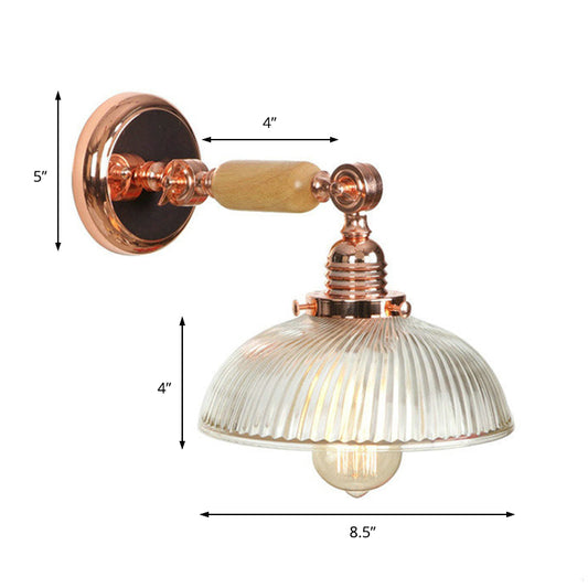One Bulb Ribbed Glass Sconce Light Fixture Farmhouse Rose Gold Domed Bedroom Wall Lamp Clearhalo 'Cast Iron' 'Glass' 'Industrial wall lights' 'Industrial' 'Middle century wall lights' 'Modern' 'Tiffany' 'Traditional wall lights' 'Wall Lamps & Sconces' 'Wall Lights' Lighting' 148104