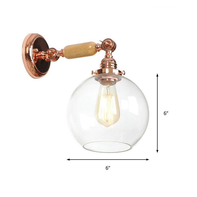 Orb Shade Clear Glass Wall Mounted Lamp Industrial Single Bulb Living Room Sconce Light in Rose Gold Clearhalo 'Cast Iron' 'Glass' 'Industrial wall lights' 'Industrial' 'Middle century wall lights' 'Modern' 'Tiffany' 'Traditional wall lights' 'Wall Lamps & Sconces' 'Wall Lights' Lighting' 148134