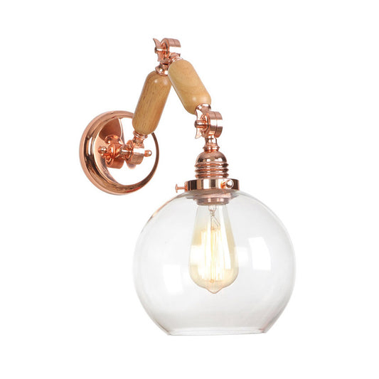 1 Bulb Globe Wall Mounted Light Fixture Rustic Rose Gold Clear Glass Lighting with Extendable Arm Clearhalo 'Cast Iron' 'Glass' 'Industrial wall lights' 'Industrial' 'Middle century wall lights' 'Modern' 'Tiffany' 'Traditional wall lights' 'Wall Lamps & Sconces' 'Wall Lights' Lighting' 148137