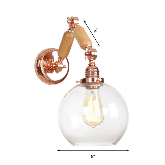 1 Bulb Globe Wall Mounted Light Fixture Rustic Rose Gold Clear Glass Lighting with Extendable Arm Clearhalo 'Cast Iron' 'Glass' 'Industrial wall lights' 'Industrial' 'Middle century wall lights' 'Modern' 'Tiffany' 'Traditional wall lights' 'Wall Lamps & Sconces' 'Wall Lights' Lighting' 148138