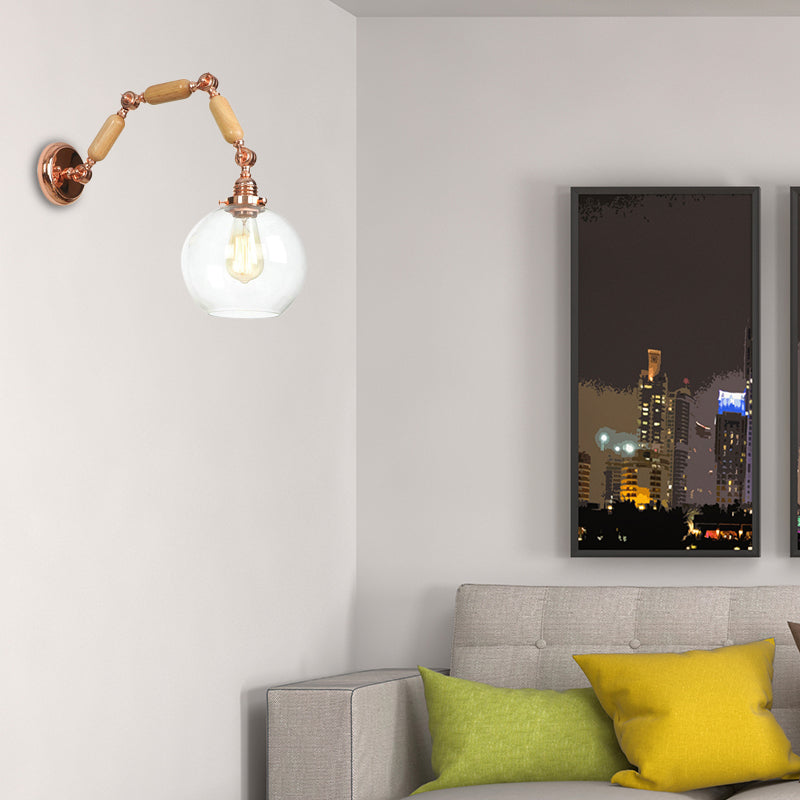 Globe Living Room Wall Light Fixture Antique Clear Glass 1 Light Rose Gold Sconce Lamp with Extendable Arm Clear Clearhalo 'Cast Iron' 'Glass' 'Industrial wall lights' 'Industrial' 'Middle century wall lights' 'Modern' 'Tiffany' 'Traditional wall lights' 'Wall Lamps & Sconces' 'Wall Lights' Lighting' 148156